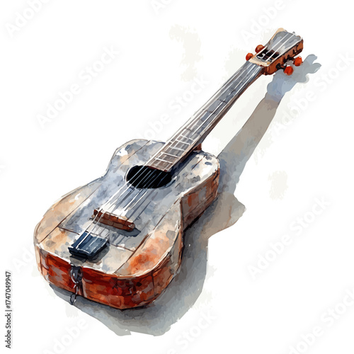 watercolor vector of Shamisen, isolated on a white background.
