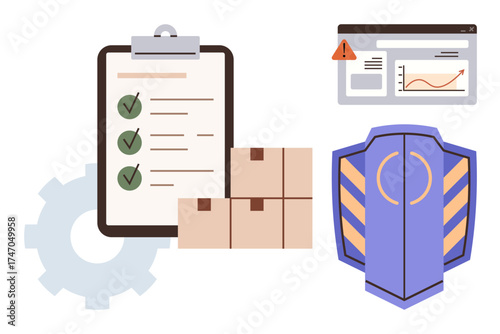 Checklist with green ticks, stacked boxes, analytics dashboard, gear, and security shield. Ideal for logistics, inventory control, compliance, quality assurance data analysis cybersecurity
