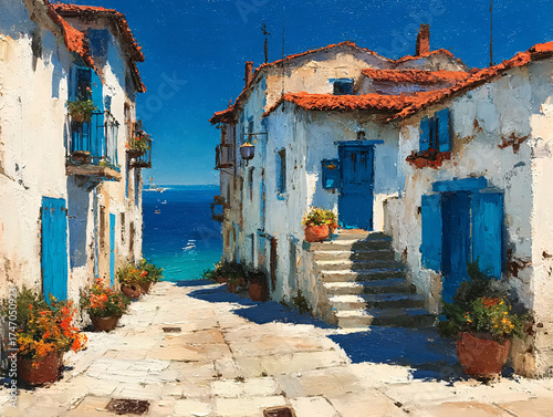 Europe coastal with white buildings featuring blue shutters and doors, adorned with potted flowers. The cobblestone path leads to the edge of the sea, which is a tranquil, clear blue.