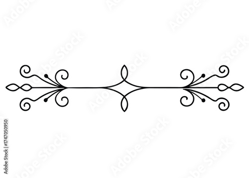 Elegant black decorative flourish divider with swirling filigree and diamond center element