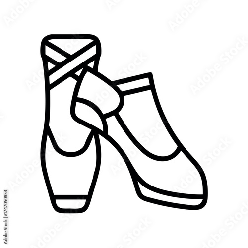 Elegant outline illustration of ballet pointe shoes with ribbons tied gracefully