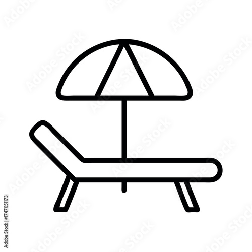 Simple line art icon of a beach lounge chair under a sun umbrella