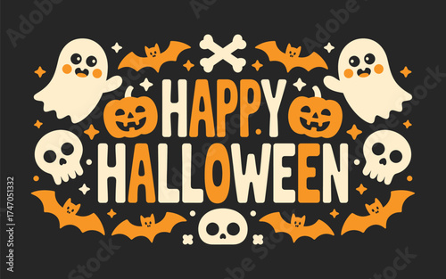 Happy halloween vector illustration with ghosts pumpkins bats and skulls art