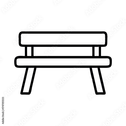 Simple line art illustration of a classic wooden park bench with four legs