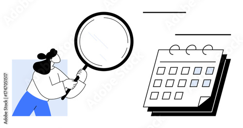 Woman focuses on a calendar with a magnifying glass, emphasizing analysis, scheduling, and task priorities. Ideal for productivity, organization, timeline, event management, punctuality research