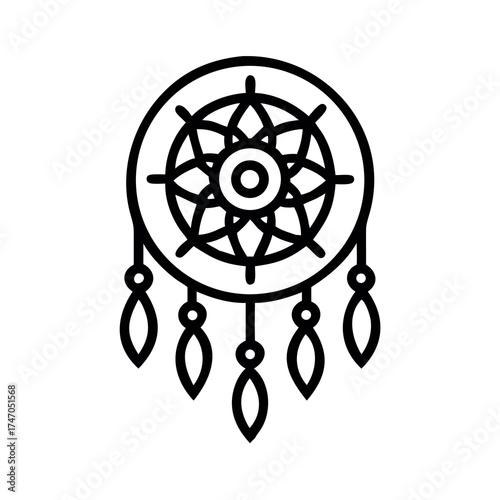 Quadro em tela Minimalist black outline illustration of a traditional dreamcatcher with hanging