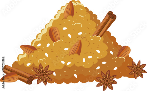 traditional moroccan sweet treat sellou or sfouf element illustration with roasted flour nuts almonds sesame seeds cinnamon and star anise vector isolated