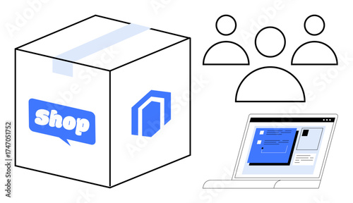 Package design with shop logo, group collaboration graphic, and computer screen interface for e-commerce. Ideal for retail, shipping, digital marketing, teamwork, business, logistics online