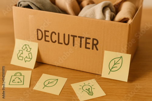 New year home decluttering unused household item donation box with clothes and eco recycling notes conveying relief and fresh start for family