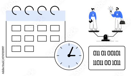 Calendar and clock symbolize time management, binary code represents technology, and professionals on a balance scale highlight fairness. Ideal for teamwork, productivity, time, technology, business