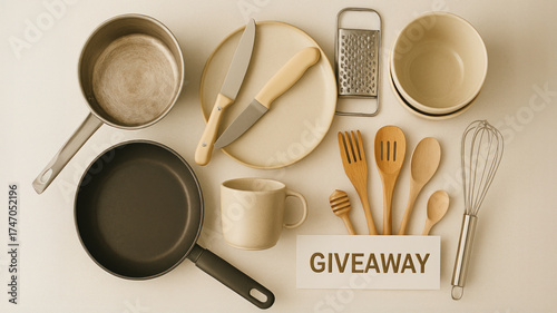 New year home decluttering unused household item giveaway with neutral kitchenware arranged on table evoking practical joy and simple fresh start