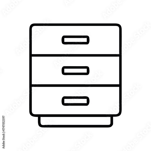 Simple line art icon of a three drawer filing cabinet or chest of drawers