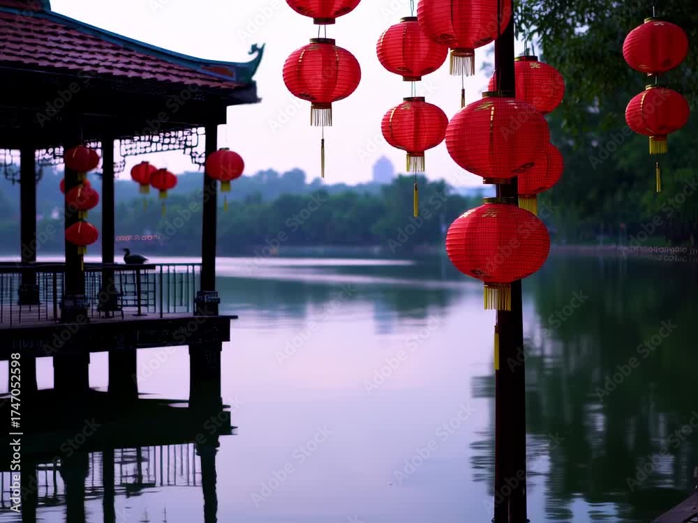 custom made wallpaper toronto digitalSerene lakeside pavilion adorned with vibrant red lanterns reflects a tranquil beauty