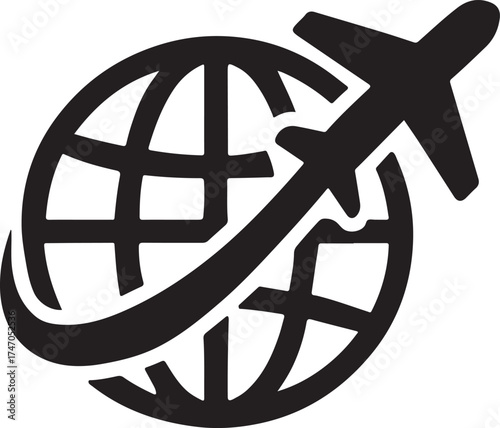 Modern travel agency logo with globe and airplane silhouette symbolizing global tourism and flight.