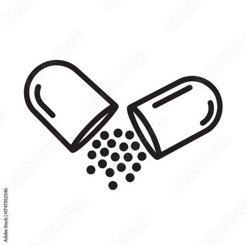 Open capsule with granules a symbol of medicine, treatment, and healthcare vector illustration in minimalist style