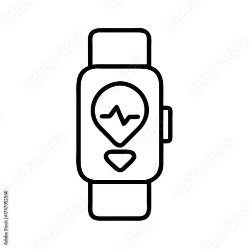 Simple line art icon of a smartwatch displaying a heartbeat and location pin