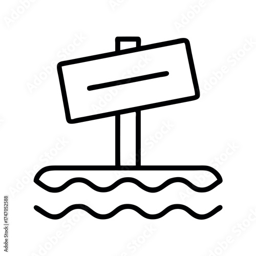 Simple line art icon of a blank signpost standing in wavy water