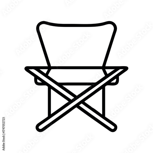Simple line art icon of a foldable camping chair with crossed legs