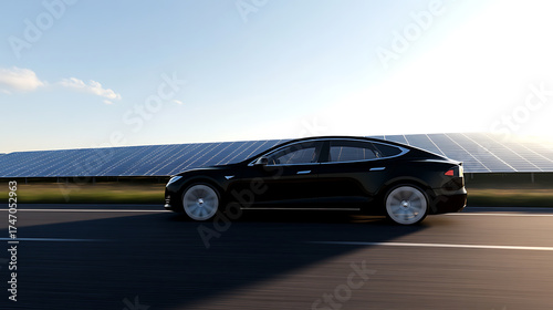 Electric car cruising along the highway, powered by solar energy. Innovative energy solutions for sustainable transportation on a sunny day.