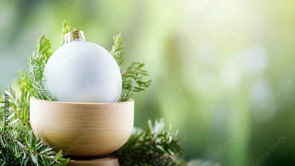 Ornament and Nature's Embrace: A serene composition of a pristine white ornament nested in a natural wooden bowl, surrounded by verdant evergreen branches, bathed in soft, diffused sunlight.