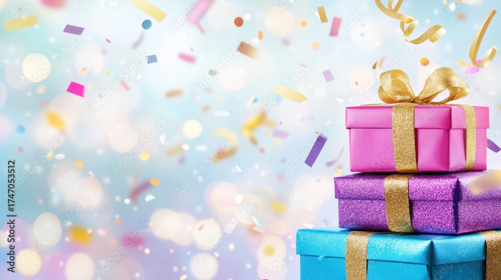 Fototapeta premium Gifts Stacked High Amidst Confetti: A festive arrangement of beautifully wrapped gift boxes is piled high, each adorned with a delicate bow. A flurry of colorful confetti cascades down.