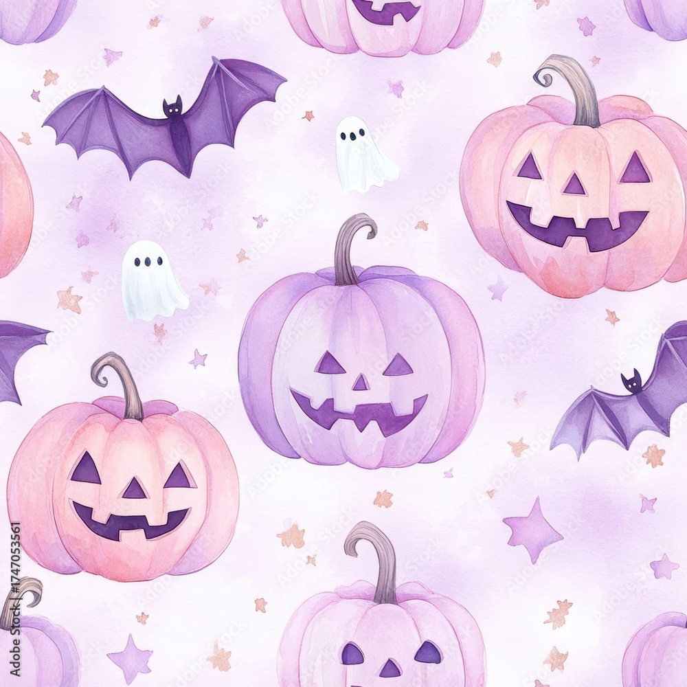 Fototapeta premium Enchanting Halloween Pastel: A whimsical pastel-toned Halloween design showcases an array of spooky elements including pumpkins, ghosts, and bats.