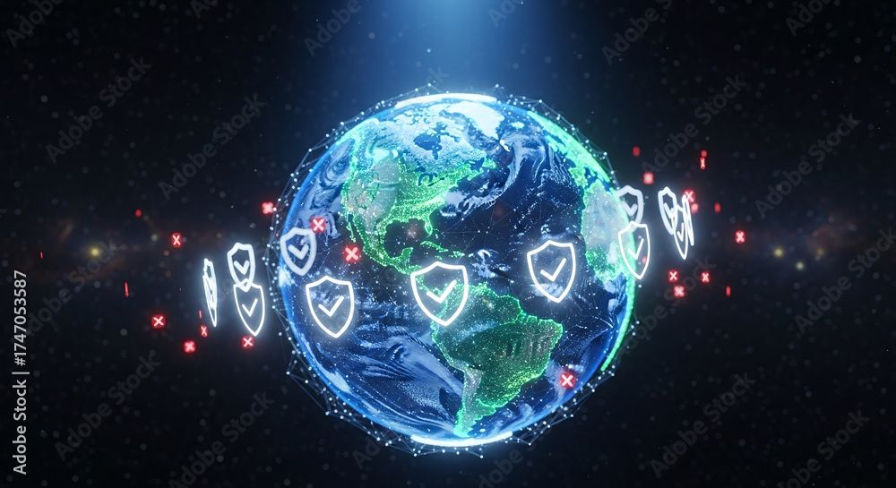 Naklejka premium Earth surrounded by glowing shields and digital connections representing global cybersecurity planet isolated on a transparent background
