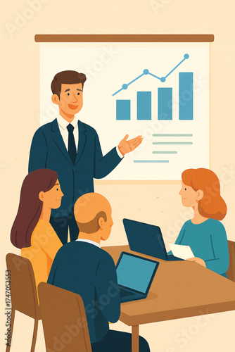 Team meeting around table with presentation board