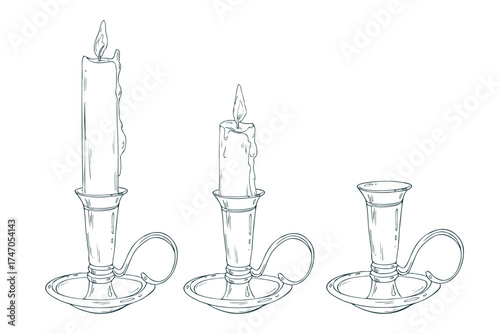 A versatile clipart set of candles in holders and one separate candlestick with a handle. This universal hand-drawn line art is adaptable for holiday or vintage themes.