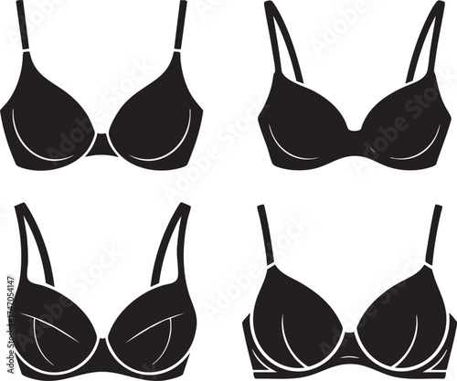 A simple black bra illustration set with straps and underwire detailing on a white background design style silhouette.