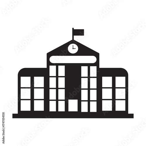 Black and white vector illustration of a school building with flag and clock. Simple education icon representing learning, college, university, classroom, and academic institutions design concept.