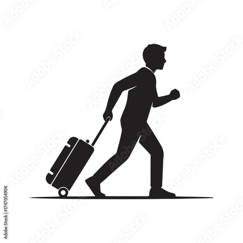 Silhouette of a businessman running with suitcase, representing travel, urgency, deadline, or business trip