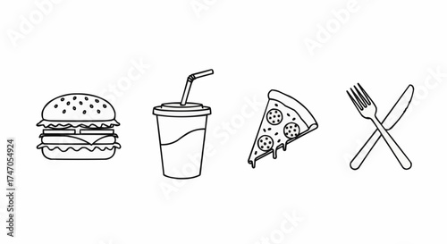 Minimal 4 Icon Vector Set – Food and Restaurant Symbols of Burger, Drink Cup, Pizza Slice and Utensils in Black SVG Outline Style on White Background