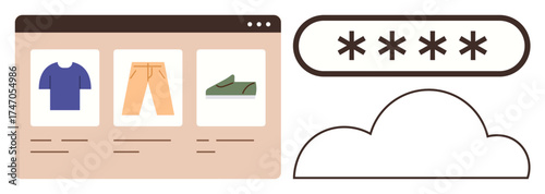Clothing items displayed in an online store layout next to a cloud outline and password entry field. Ideal for e-commerce, security, cloud technology, digital retail, data protection, privacy, user