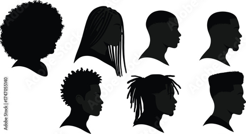 African hairstyles silhouettes, black haircuts, natural hair beauty, afro, braids, dreadlocks, fades, cultural diversity illustration design