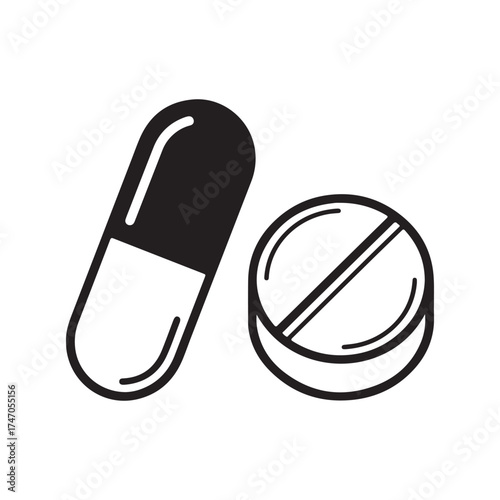 Illustration of a black and white pill and capsule, suitable for medical, health, or pharmaceutical designs