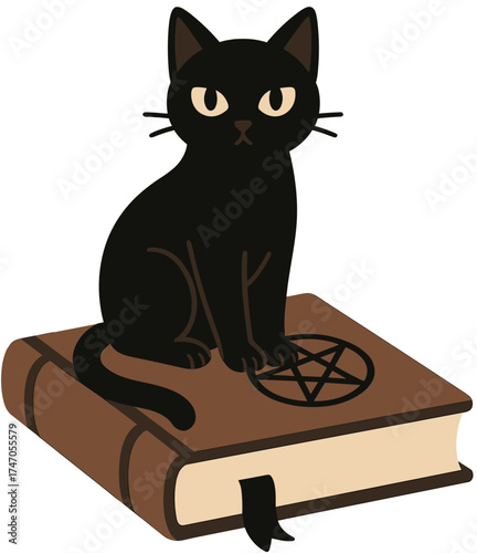 Mysterious Black Cat Sitting on Occult Spellbook with Pentagram Illustration