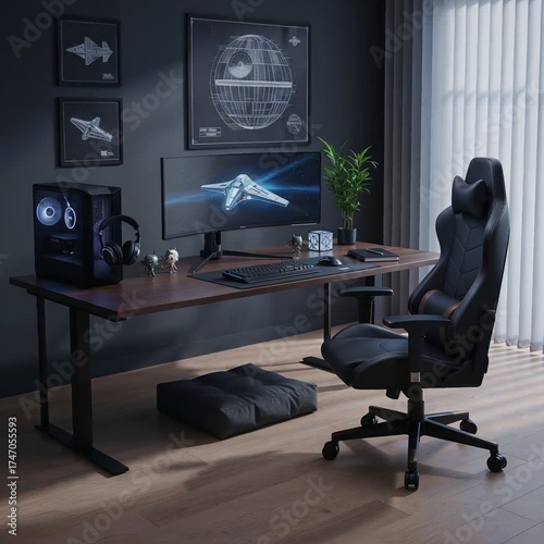 Modern moody gaming and productivity workspace, dark wood and black tones, tech-focused and creative setup concept with copy space