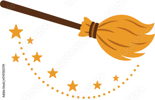 Cartoon Witch Broomstick Flying with Star Trail Illustration