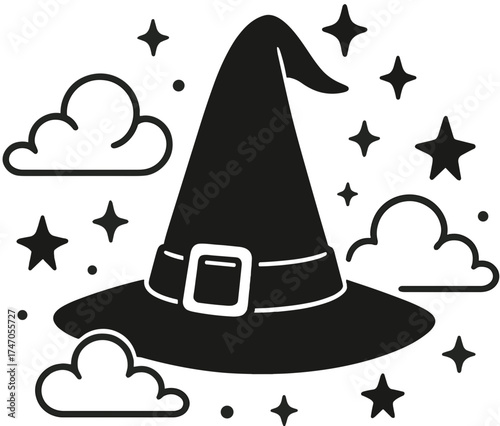 Magic Witch Hat Silhouette with Clouds and Sparkling Stars Illustration