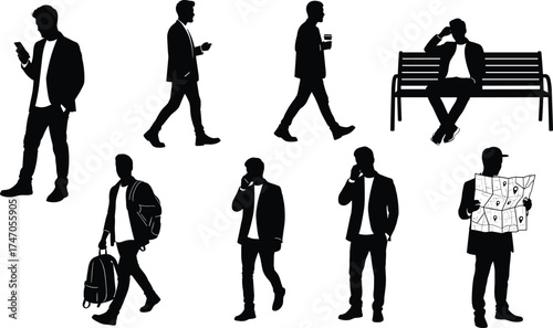 Businessman silhouettes walking, talking, reading map, sitting on bench, using smartphone, travel lifestyle, urban city concept illustration