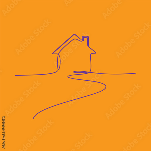 Minimalist single-line drawing of a house with a winding pathway on vibrant orange