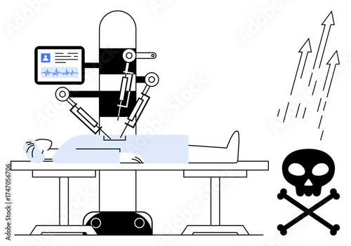 Robotic arms performing surgery on a patient with a medical monitor and hazard alert symbols. Ideal for medical innovation, technology risks, automation, ethics, healthcare, safety, simple flat