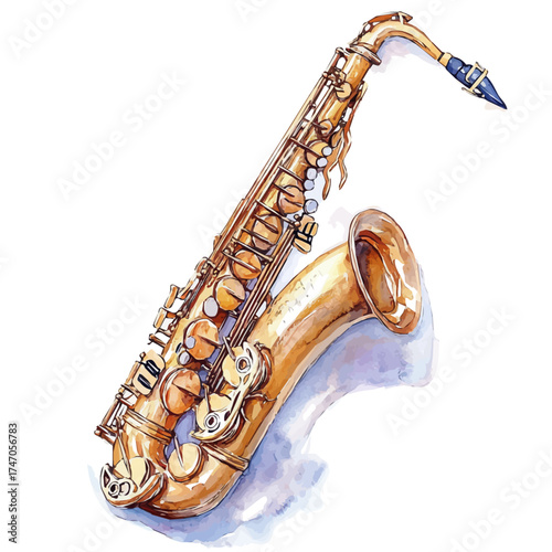 watercolor vector of Saxophone, isolated on a white background.