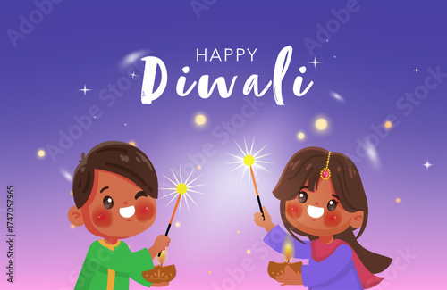 Cute Indian boy and girl celebrate Diwali, the Hindu Festival of Lights, holding sparkling sparklers and traditional earthenware diva lamps, their faces lit with happiness. 