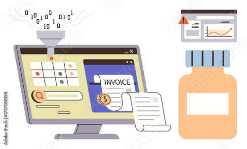 Computer screen displaying data funneling, invoice generation, and analytics. Includes document icons and error notification. Ideal for finance, automation, data, business workflow, technology