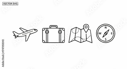 Minimal 4 Icon Vector Set – Travel and Tourism Symbols of Airplane, Suitcase, Map and Compass in Black SVG Outline Style on White Background