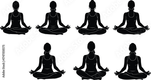 Women practicing meditation yoga in lotus pose silhouette illustration, mindfulness, relaxation, wellness, calm, healthy lifestyle