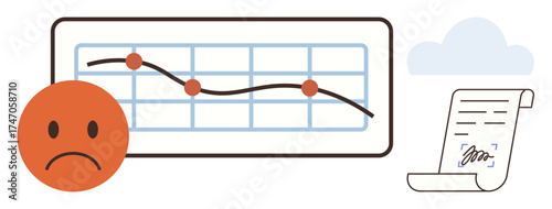 Falling line graph with points, sad face expressing concern, signed document, and cloud. Ideal for finance, business loss, analytics, contracts risk emotion corporate challenges. Simple flat