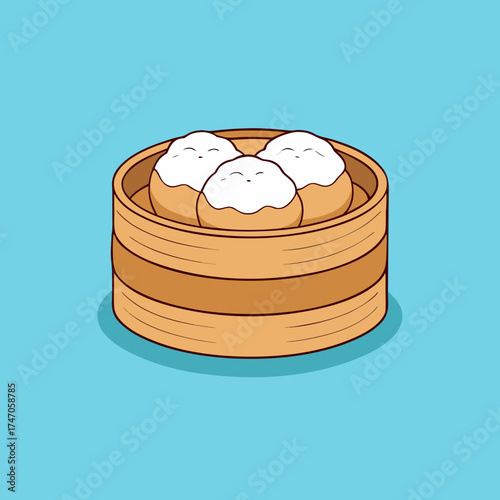 Cute smiling dimsum dessert in a bamboo steamer